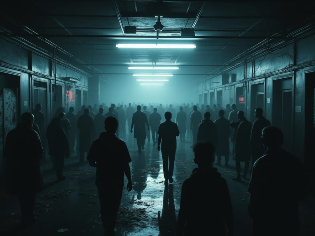 Crowded Hospital Riot in Somber Cyberpunk Style