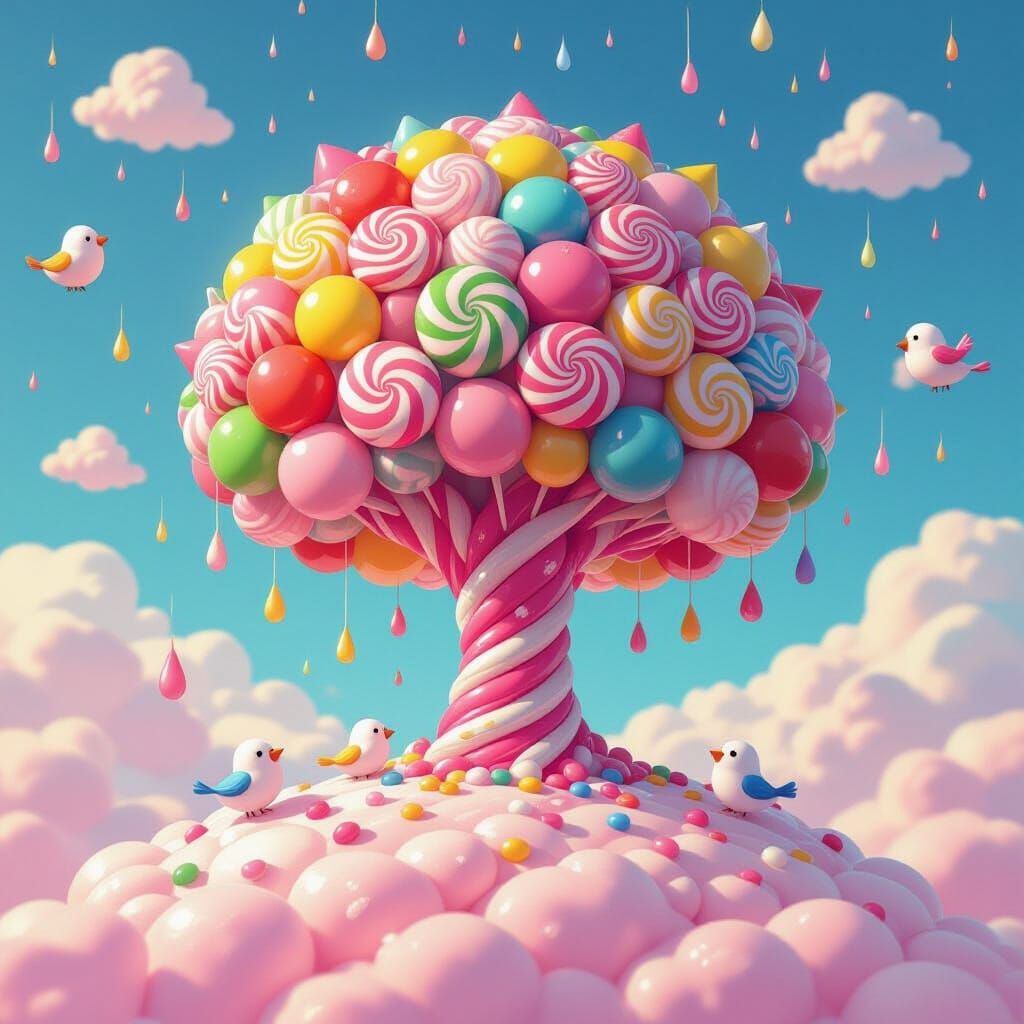 Vibrant Candy Tree with Jellybean Birds, Whimsical Art