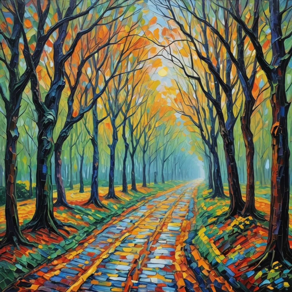 Neo-Impressionist Painting of Empty Corridors