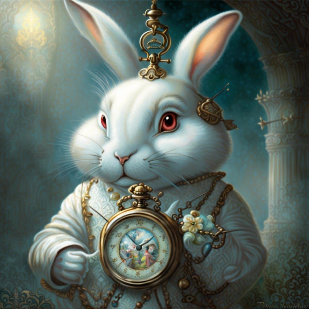 White Rabbit with Pocket Watch in Ethereal Style