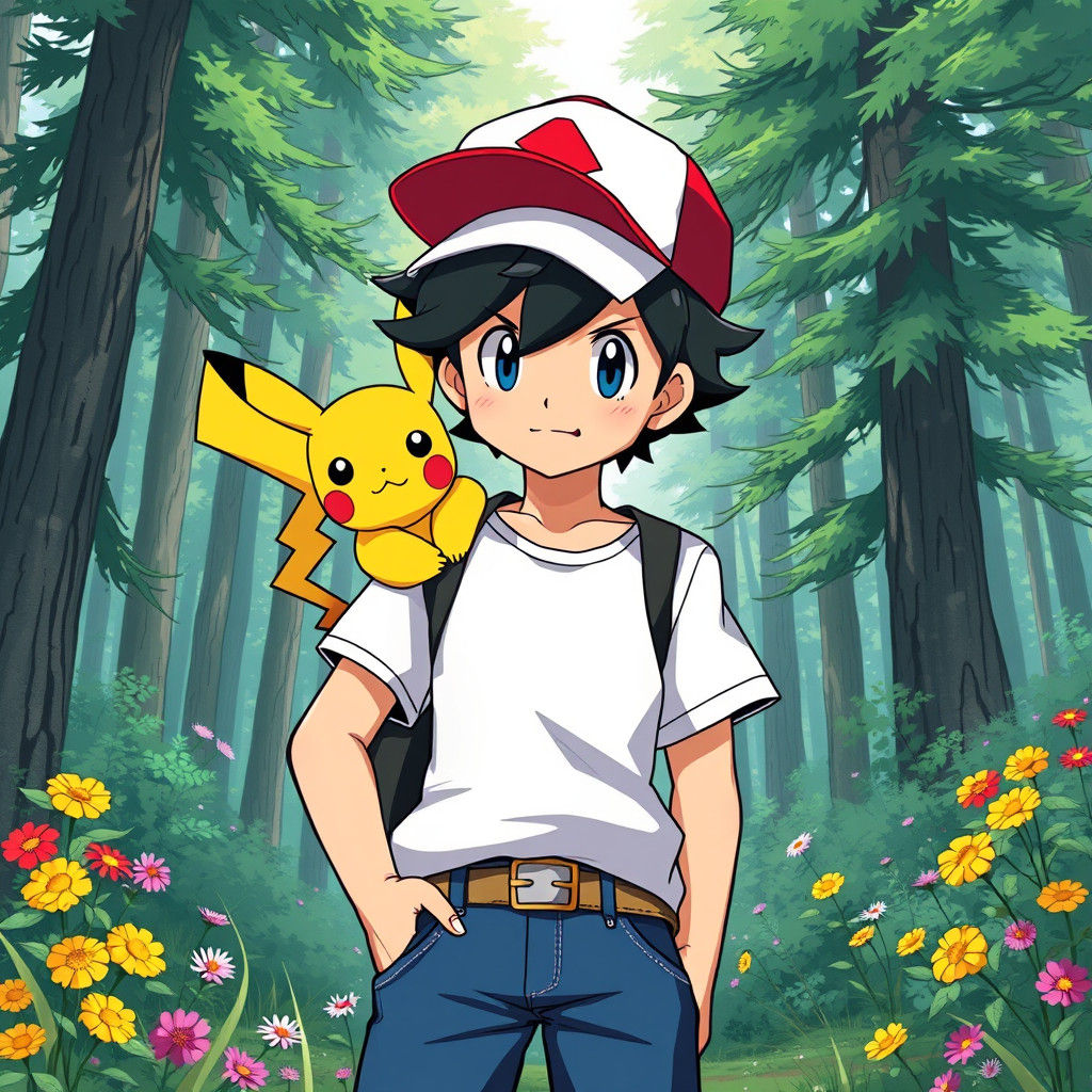 Ash Ketchum and Pikachu in Anime Style