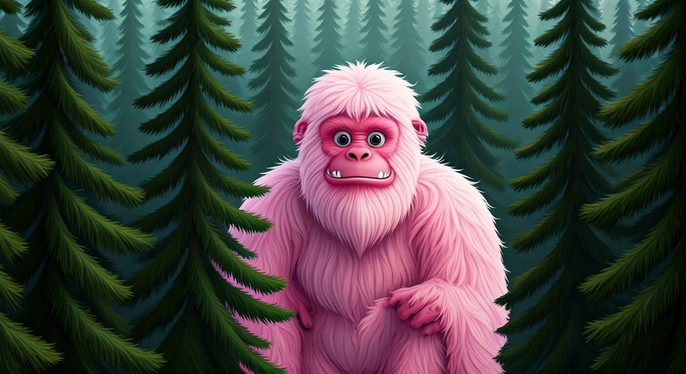 Pink Yeti Disguised in Pine Forest