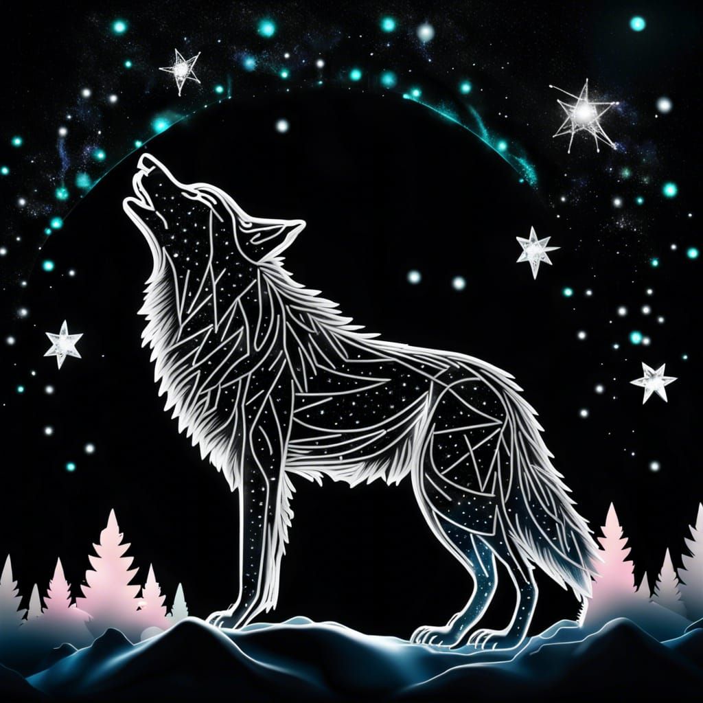 Crystal Constellation Wolf Howling at Moon