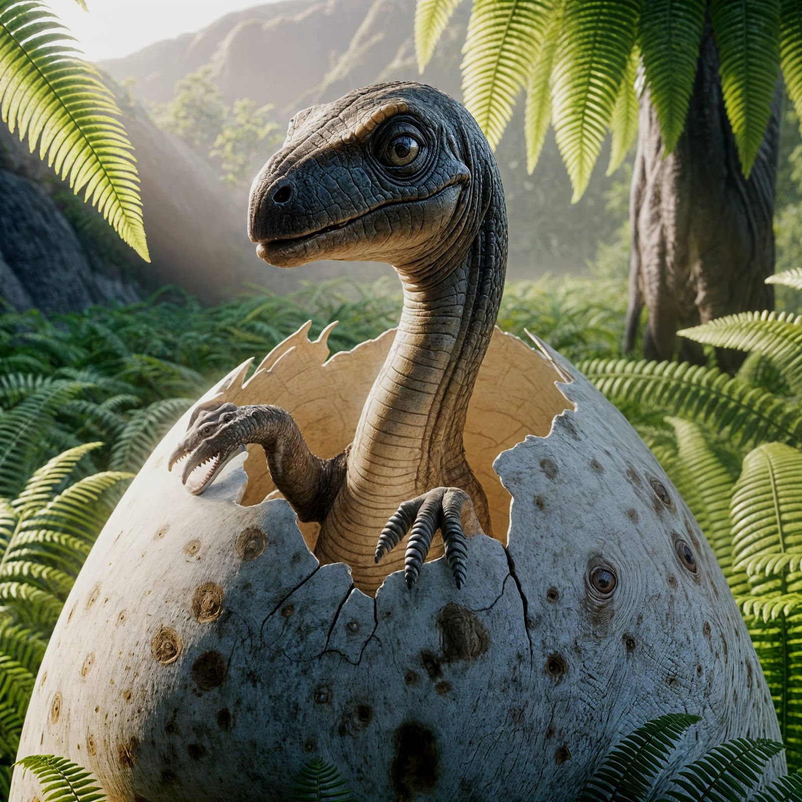 Baby Diplodocus Emerges from Egg in Serene Landscape
