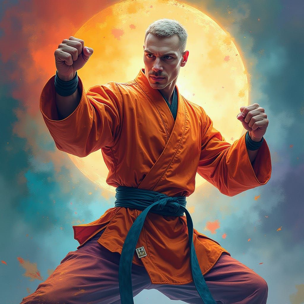 Vibrant Martial Artist in Cosmic Spotlight