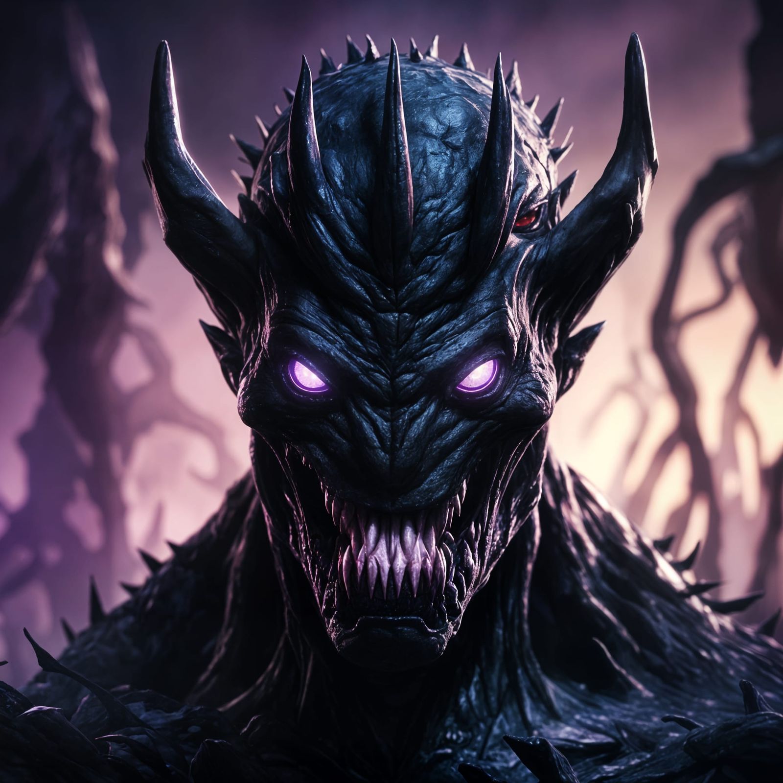 Restless Shadow Creature with Glowing Purple Eyes