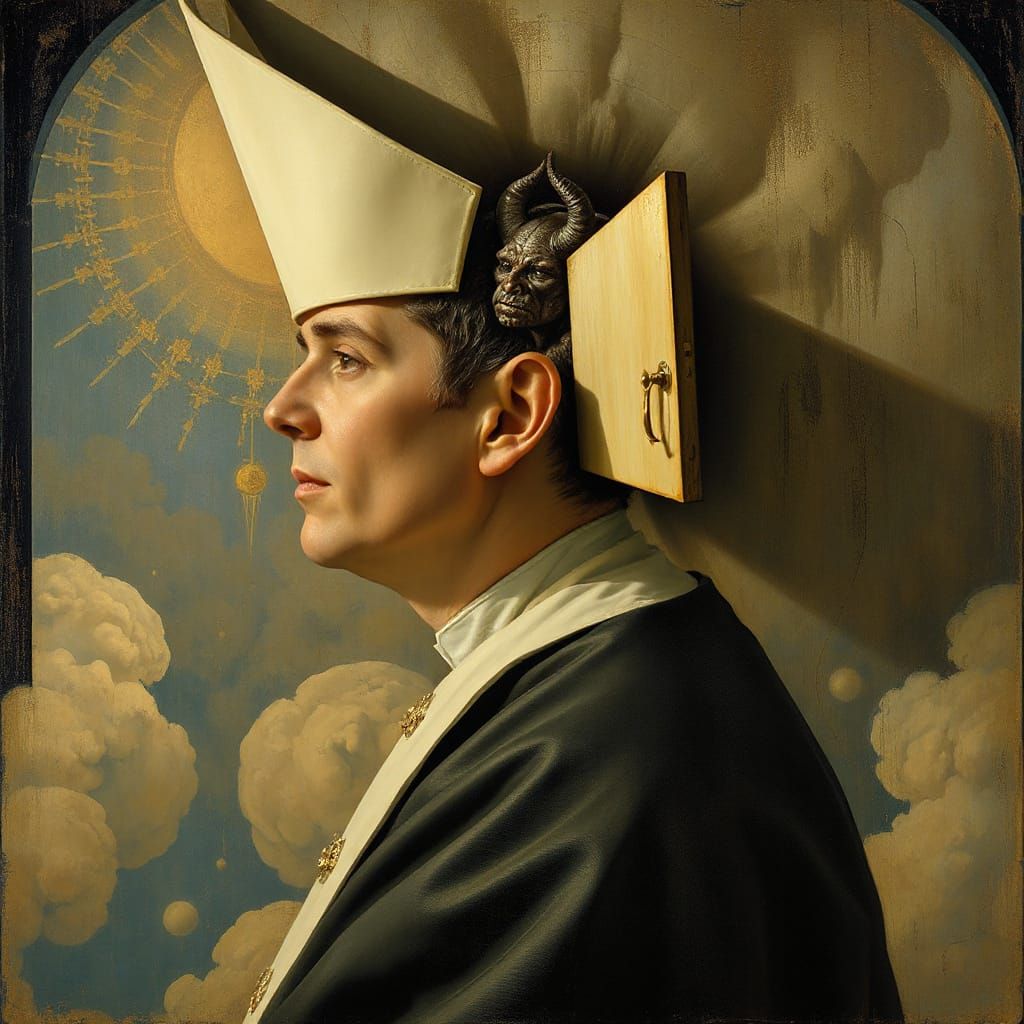 Surreal Priest with Demon, Open Doorway