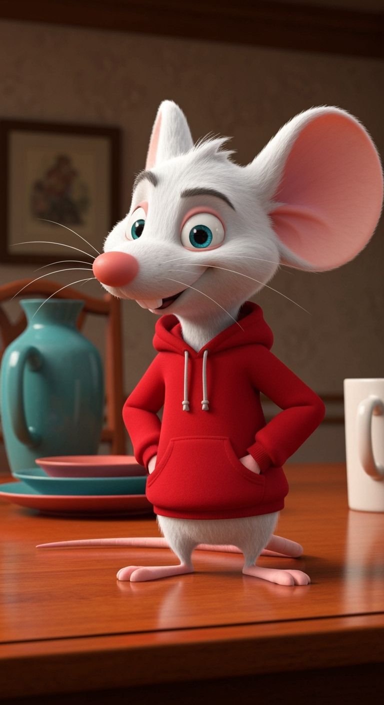 Heroic White Mouse in Red Hoodie on Dining Table