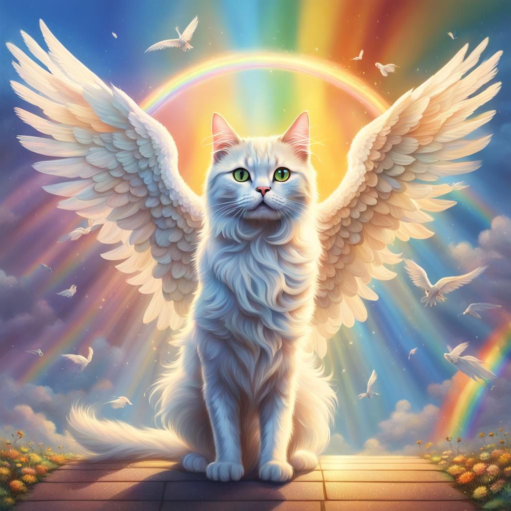 Cat Angel Walks Rainbow Bridge: Hyperrealistic Digital Art