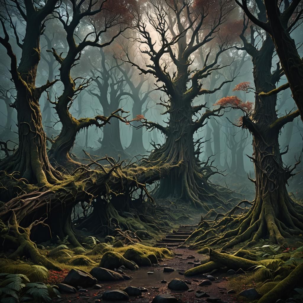 Eerie Forest: Detailed Matte Painting in Deep Color