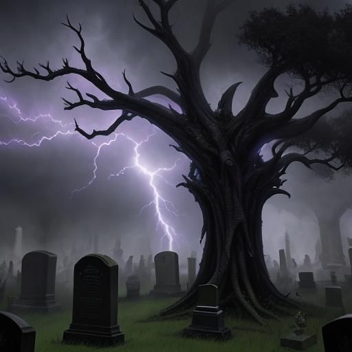 Haunted Cemetery in Lightning Storm with Purple Mist