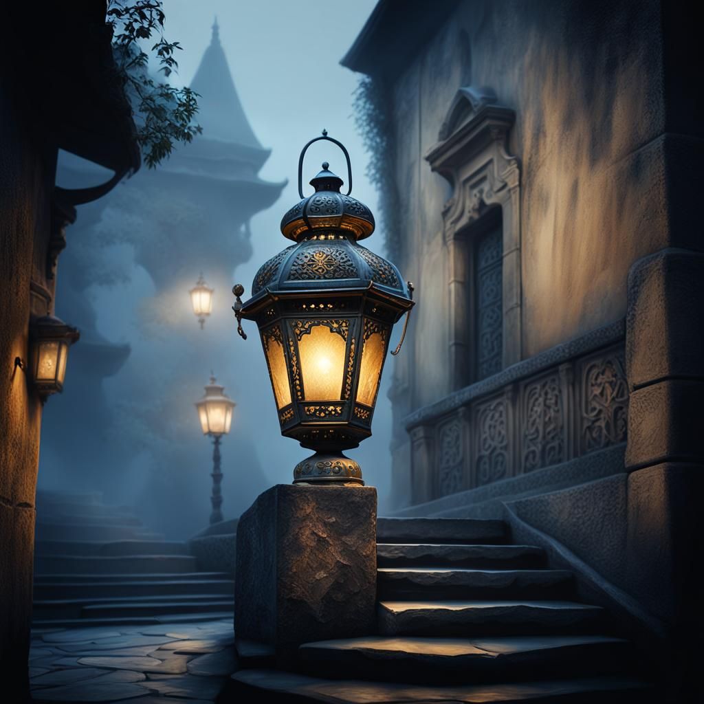 Mysterious Lucerna Lantern in a Misty, Stone Staircase - HDR...