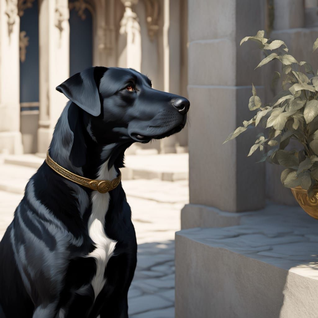 Youthful Girl and Her Elegant Black Dog in Art Nouveau Style