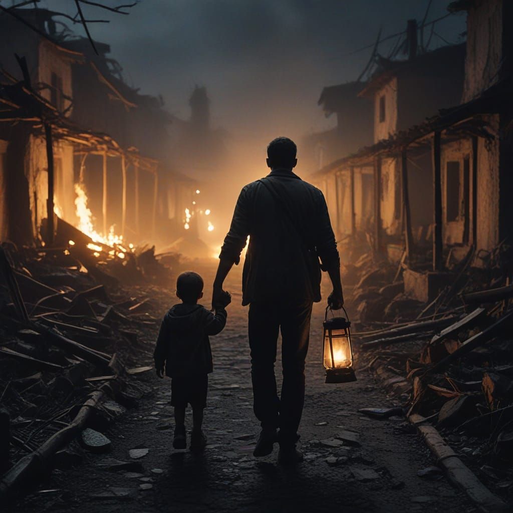 Hyperrealistic Lantern Guides Man and Child Through Ruins