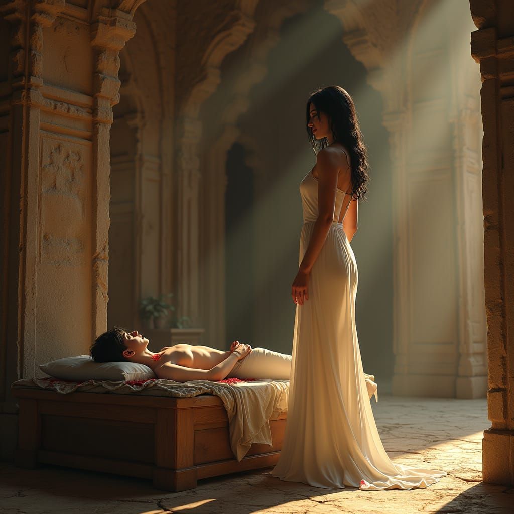 Vampiric Goddess Watches Over Slumbering Mortal in Ancient T...