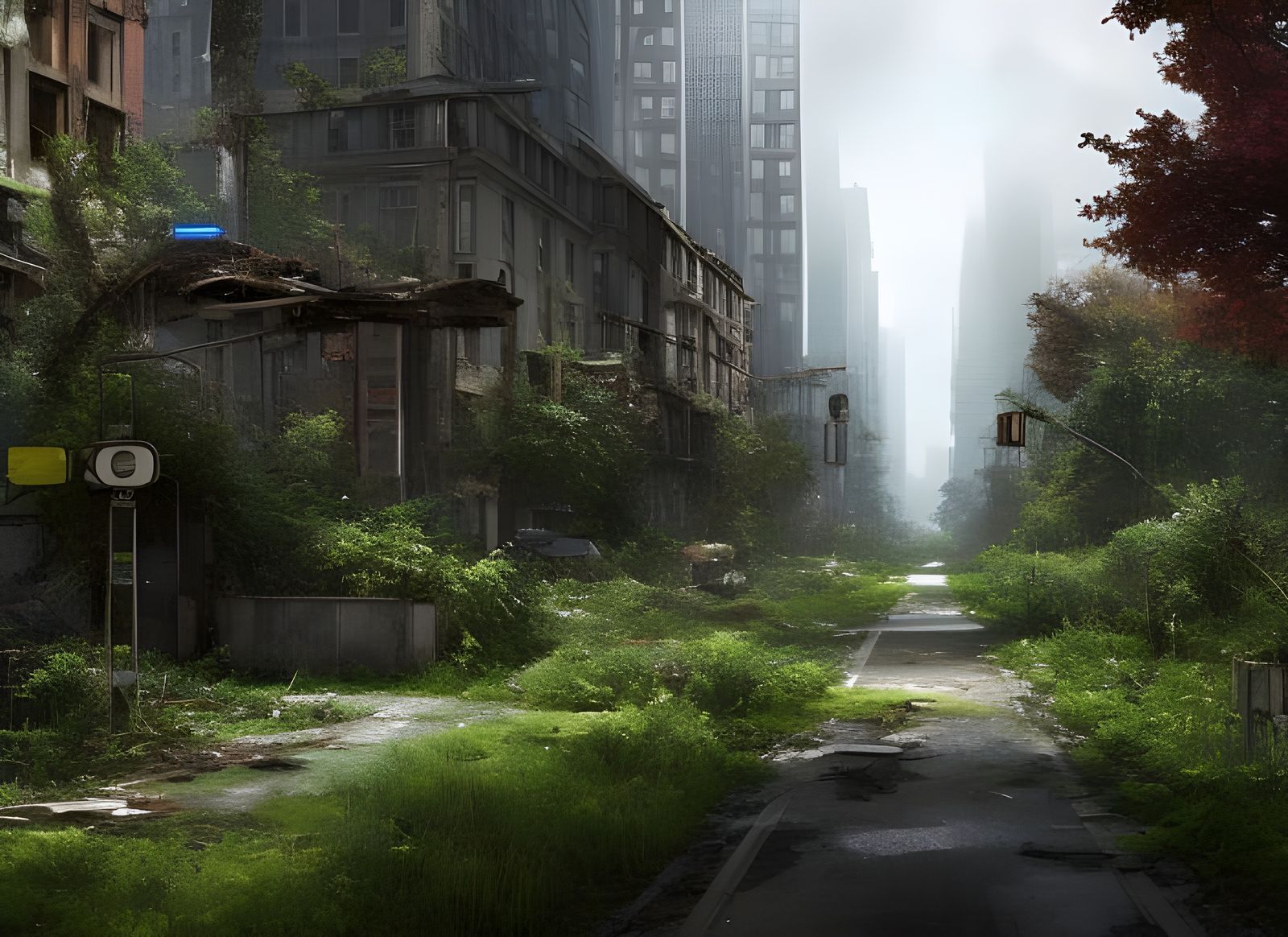 Overgrown City Street View in Sinister Horror Style