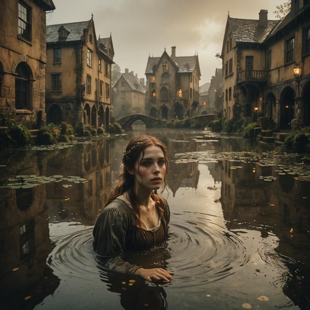 Ophelia in Rain-Soaked Cityscape Pond