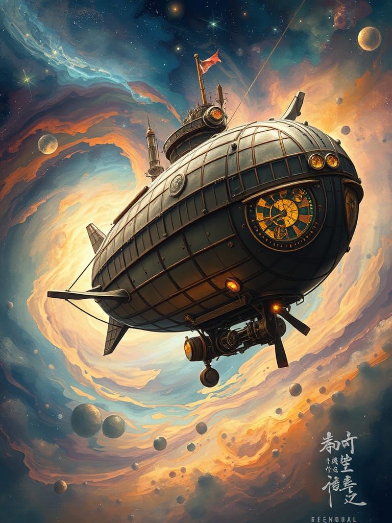 Steampunk Airship Soaring Through a Nebula