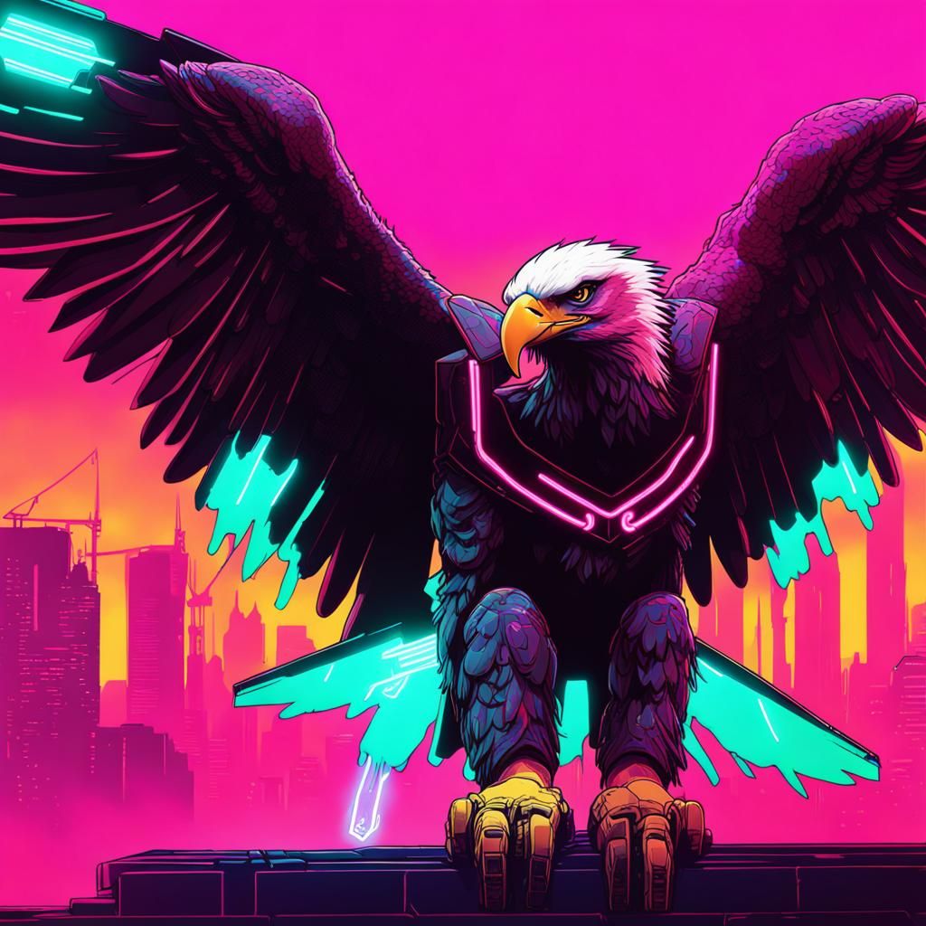 Eagles in Cyberpunk Neon Cityscape
