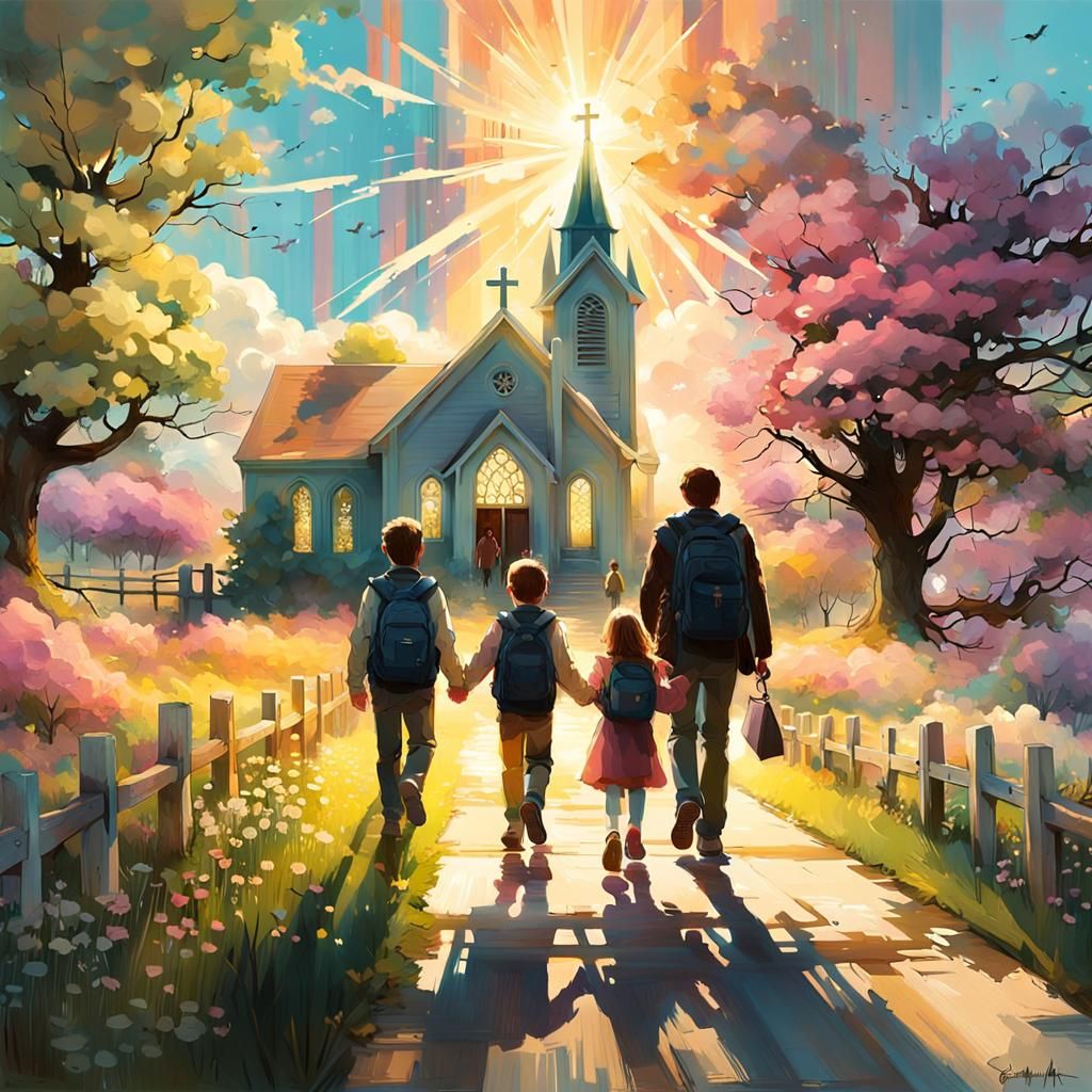Family Entering Church at Sunrise: Colorful Concept Art