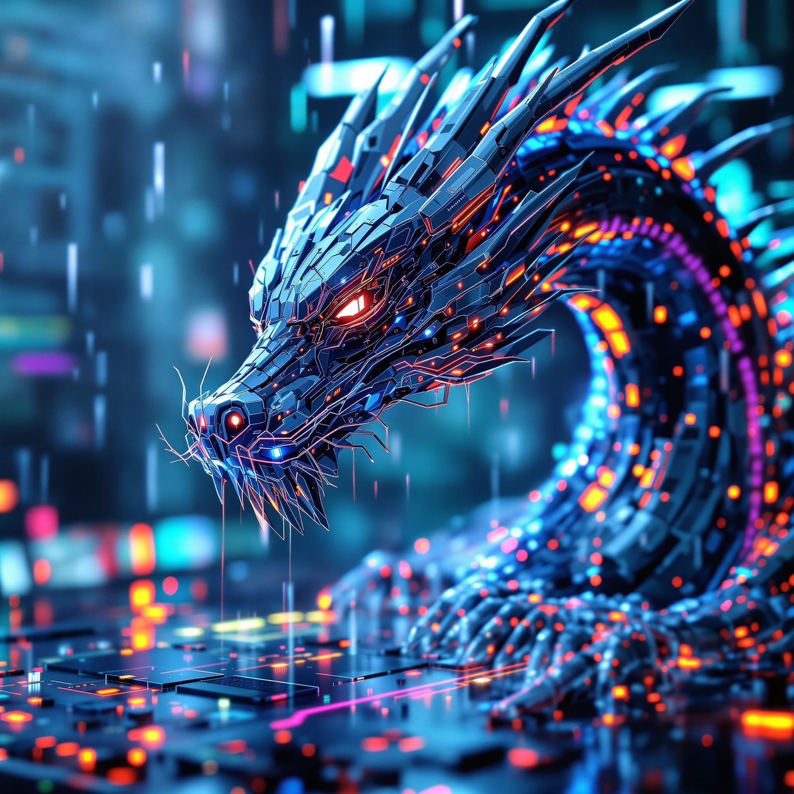 Cybernetic Dragon Emerges from Screen in Cyberpunk Style