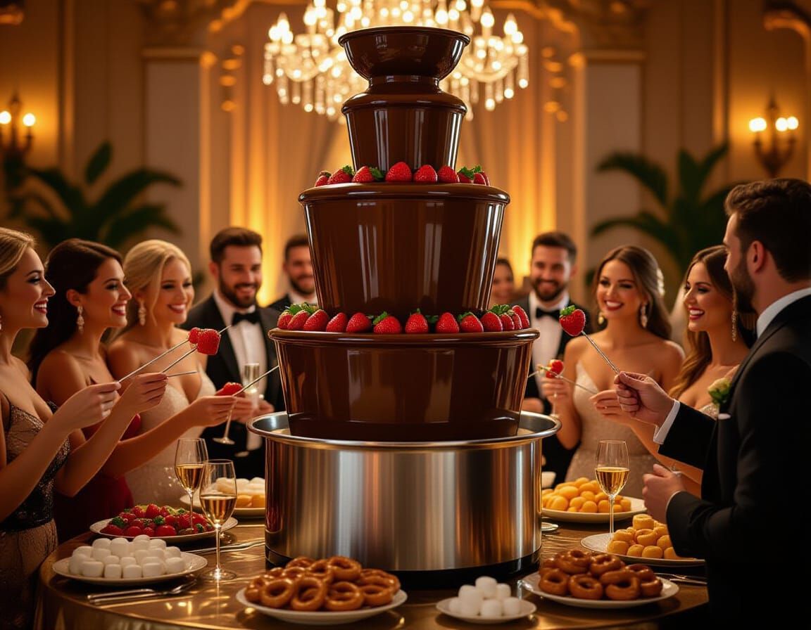 Towering Chocolate Fountain with Elegant Guests