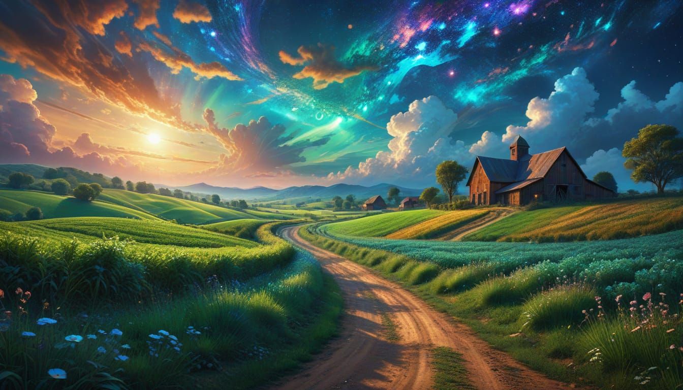 Surreal Countryside Road Unfolds to the Cosmos