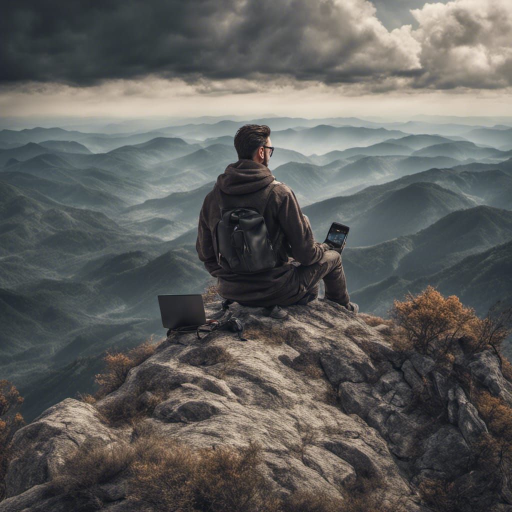 Hyperrealistic Man Video Calling on Mountain Horizon