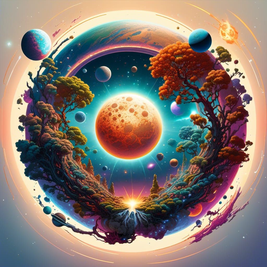 Botanical Paradise with Planets in Astrophotography Style