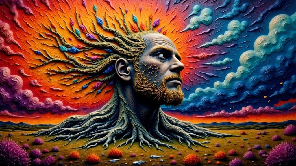 Fractal Faced Man with Rainbow Moss, Impasto Style