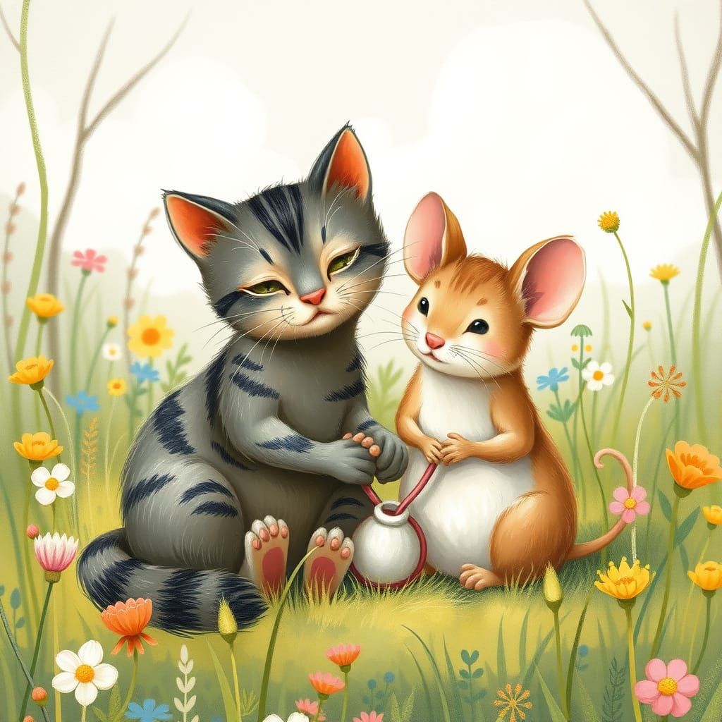 Cat and Mouse Friends in Sunny Meadow