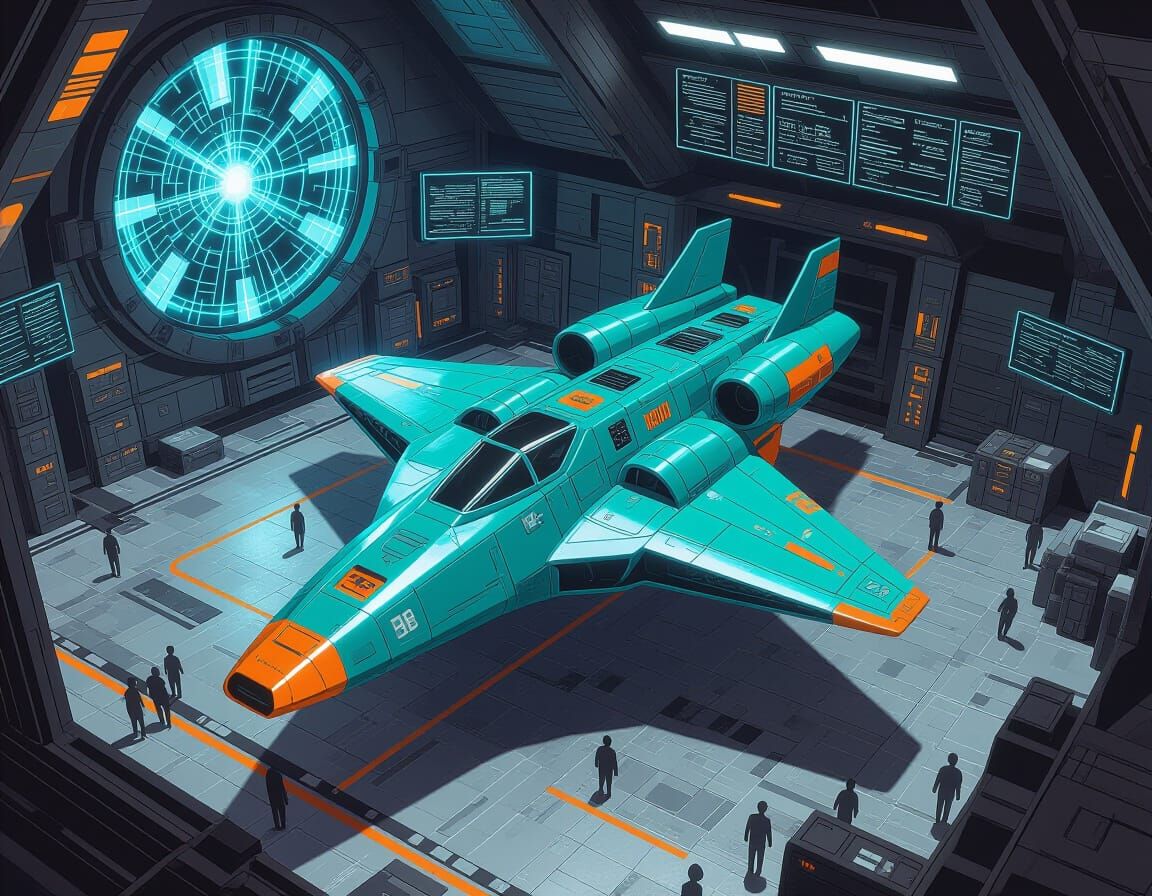 Retrofuturist Sci-Fi Space Dock with Starship