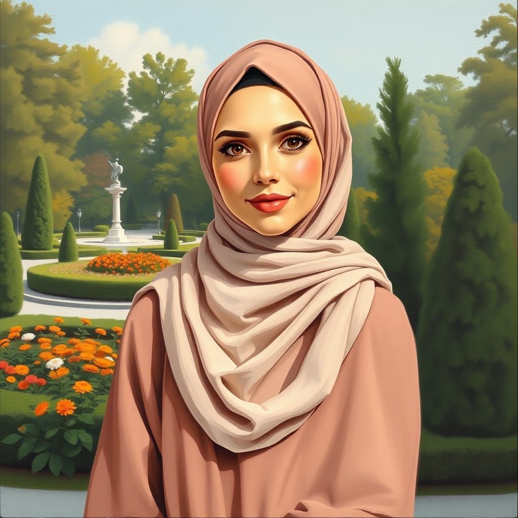 Minimalist Oil Painting of Elegant Woman in Garden