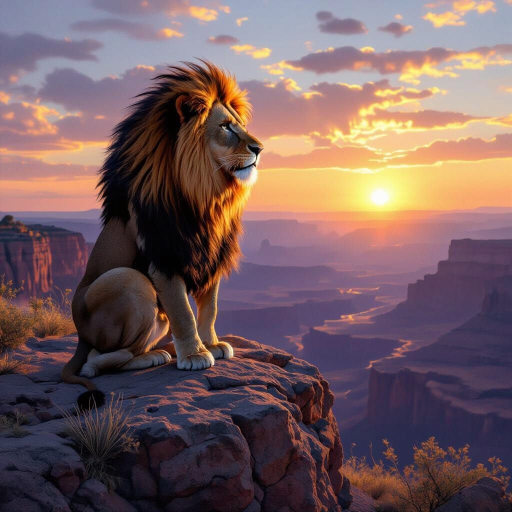 Lion on Windswept Mesa at Sunset