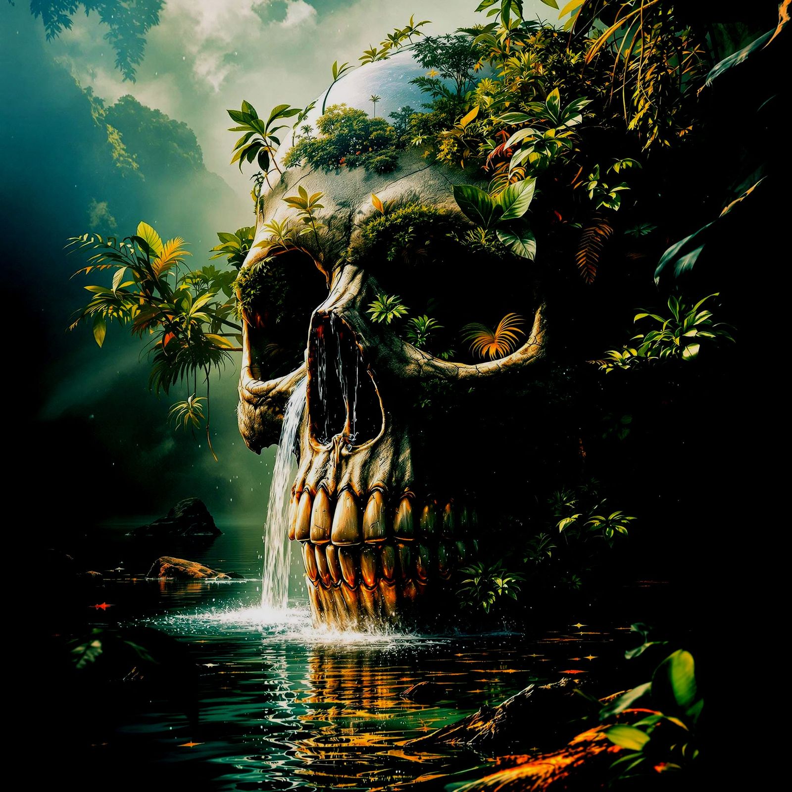 Hyperrealistic Jungle Skull in Vibrant Lagoon Landscape