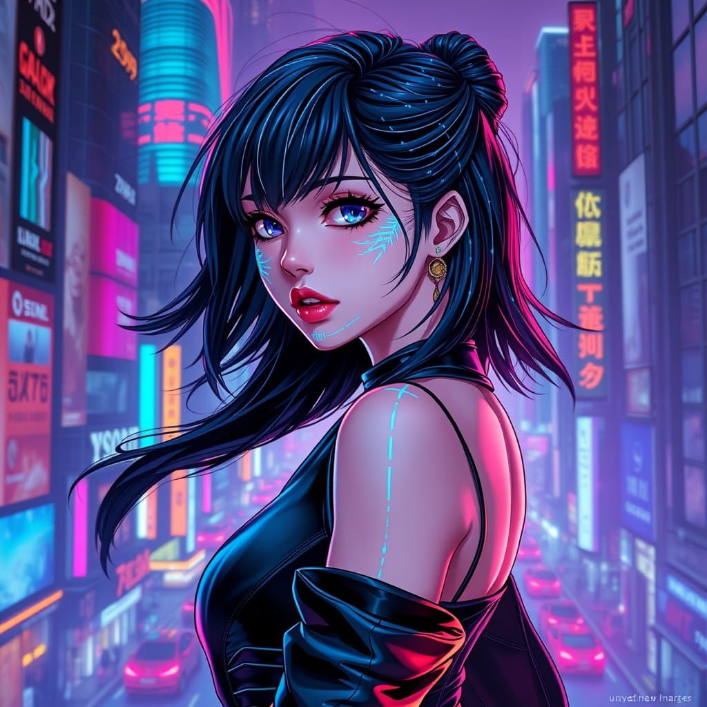 Anime Cyber Goddess with Neon Cityscape