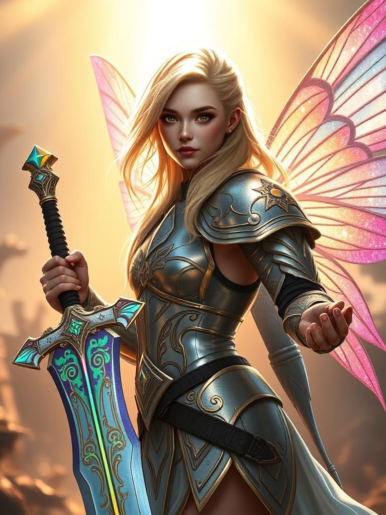 Radiant Fairy Paladin in Rainbow Armor, Digital Art