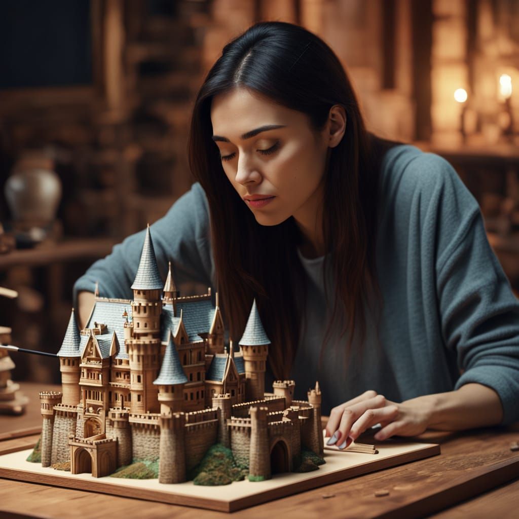 Young Woman Studies Wooden Castle Model in Realistic Digital...
