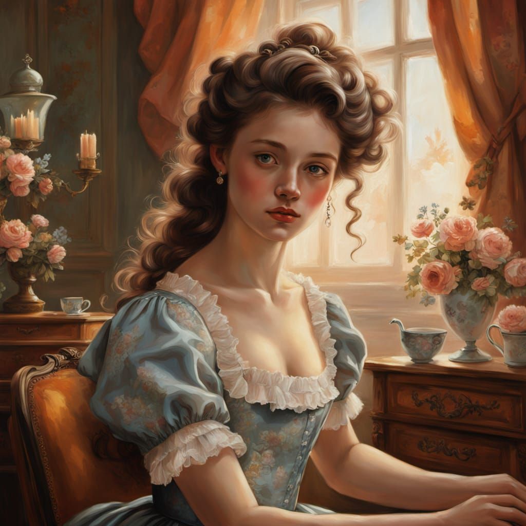 A Young Girl's Gentle Pursuit in Rococo Revival Style