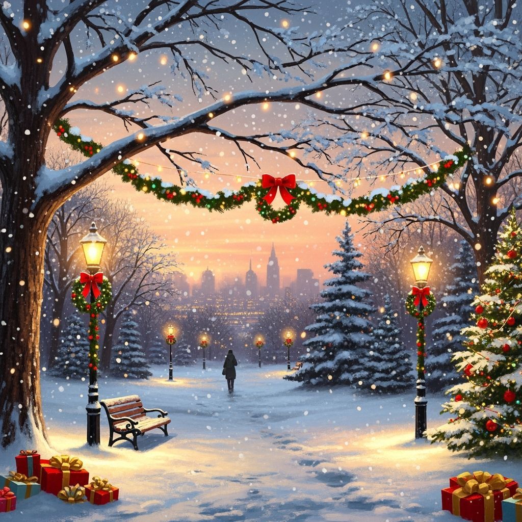 Cozy Snowy Park with Holiday Lights and Cityscape View