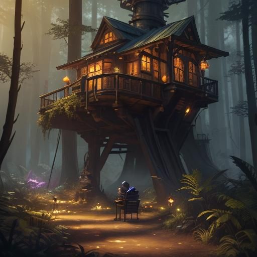 Night Cafe in a Firefly Forest: Fantasy Concept Art
