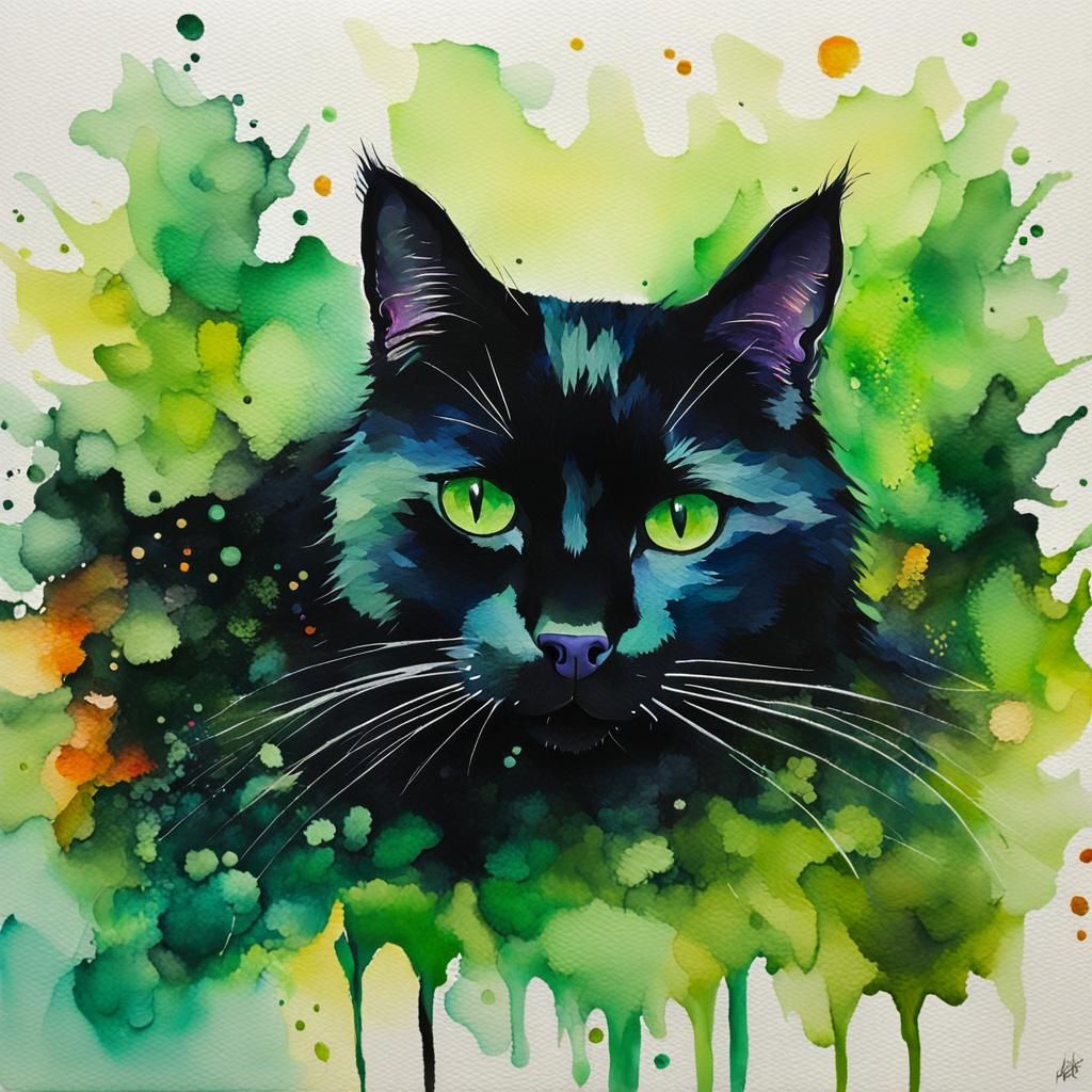 Black Cat with Green Eyes in Gouache Style