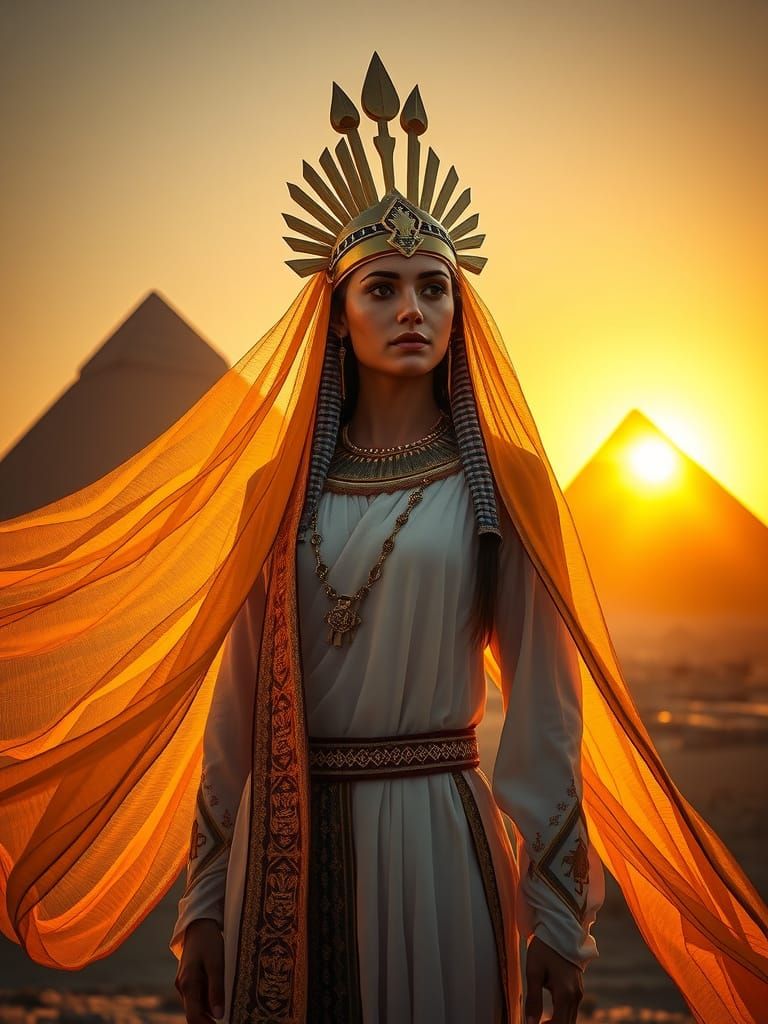 Egyptian Goddess Isis in Golden Headdress, Majestic Pyramids...