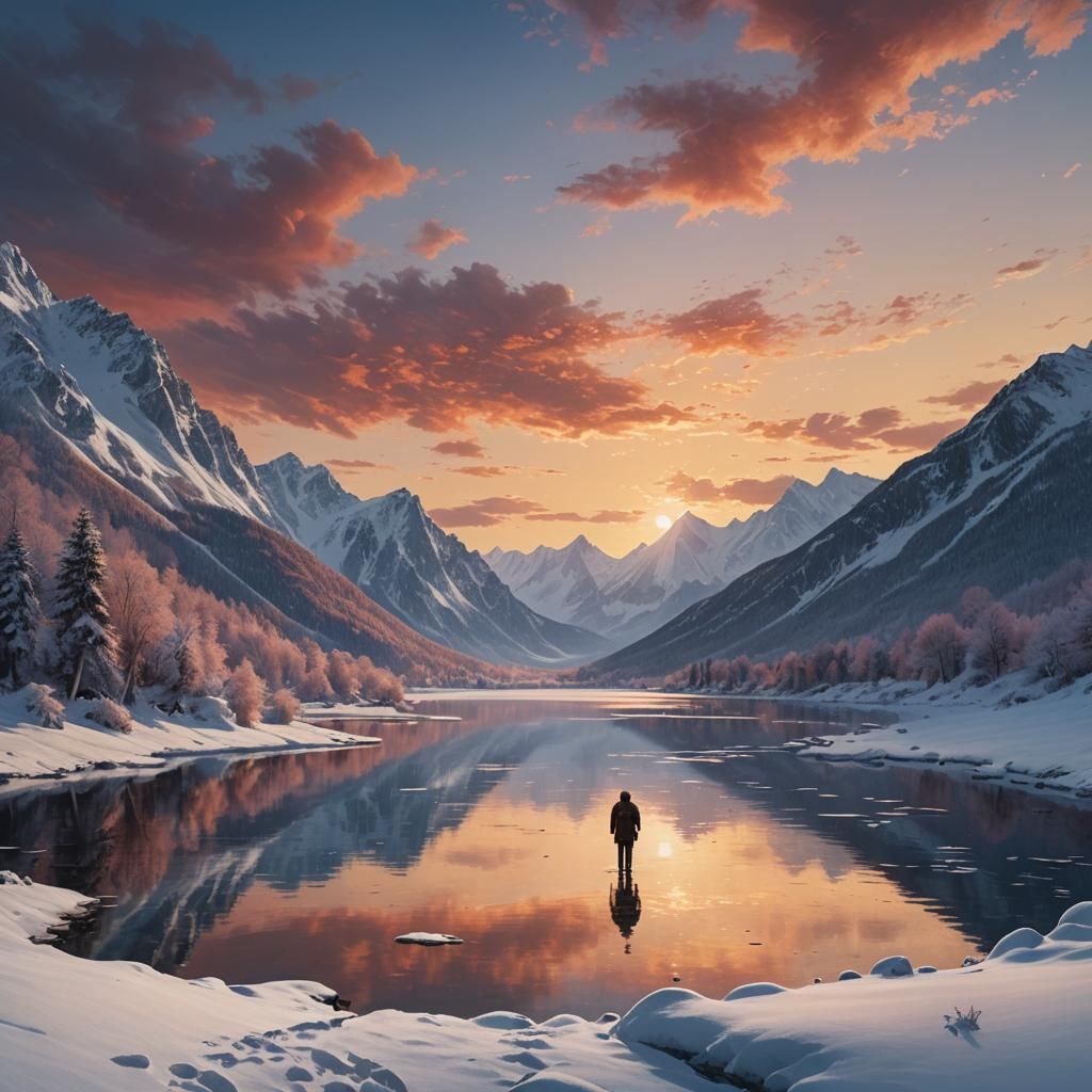 Dreamy Summerscape Sunset with Majestic Mountains and Serene...