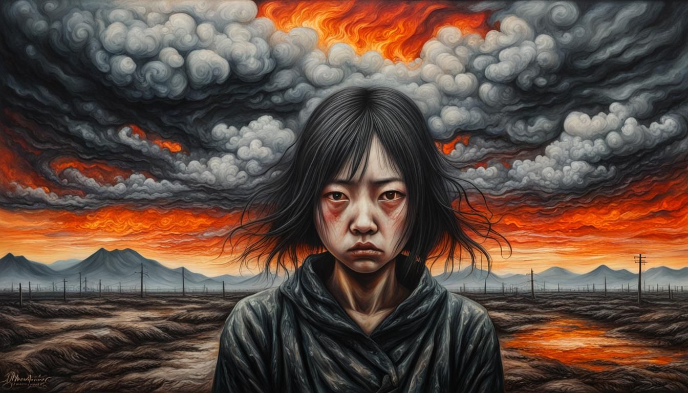 Sad Girl in Burning Sky: Hyperrealistic Encaustic Art