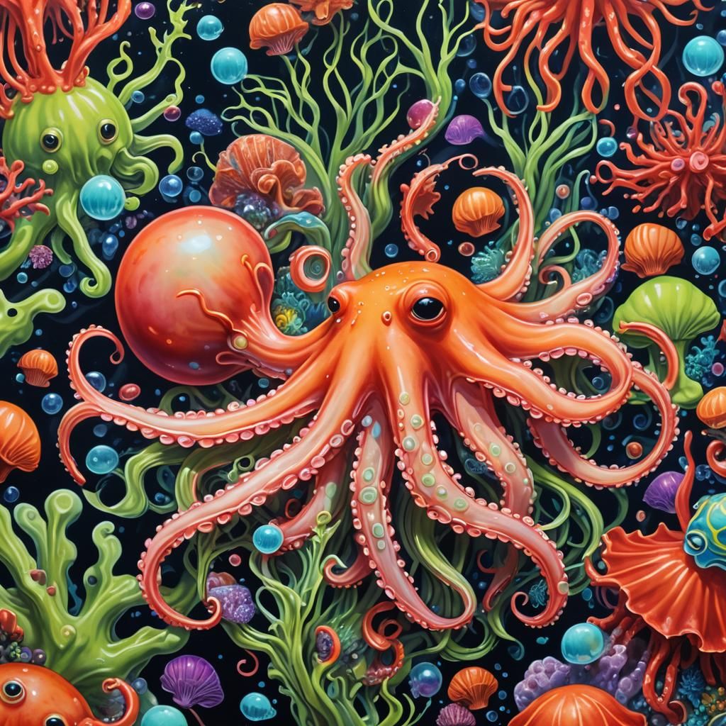 Neon Octopus in Vibrant Street Art Style