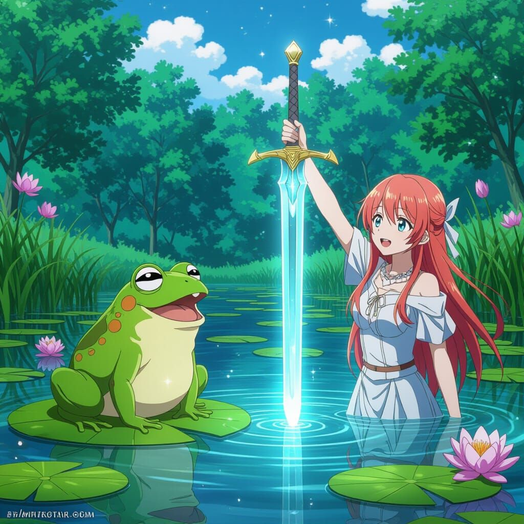 Astonished Frog and Excalibur in Anime Style