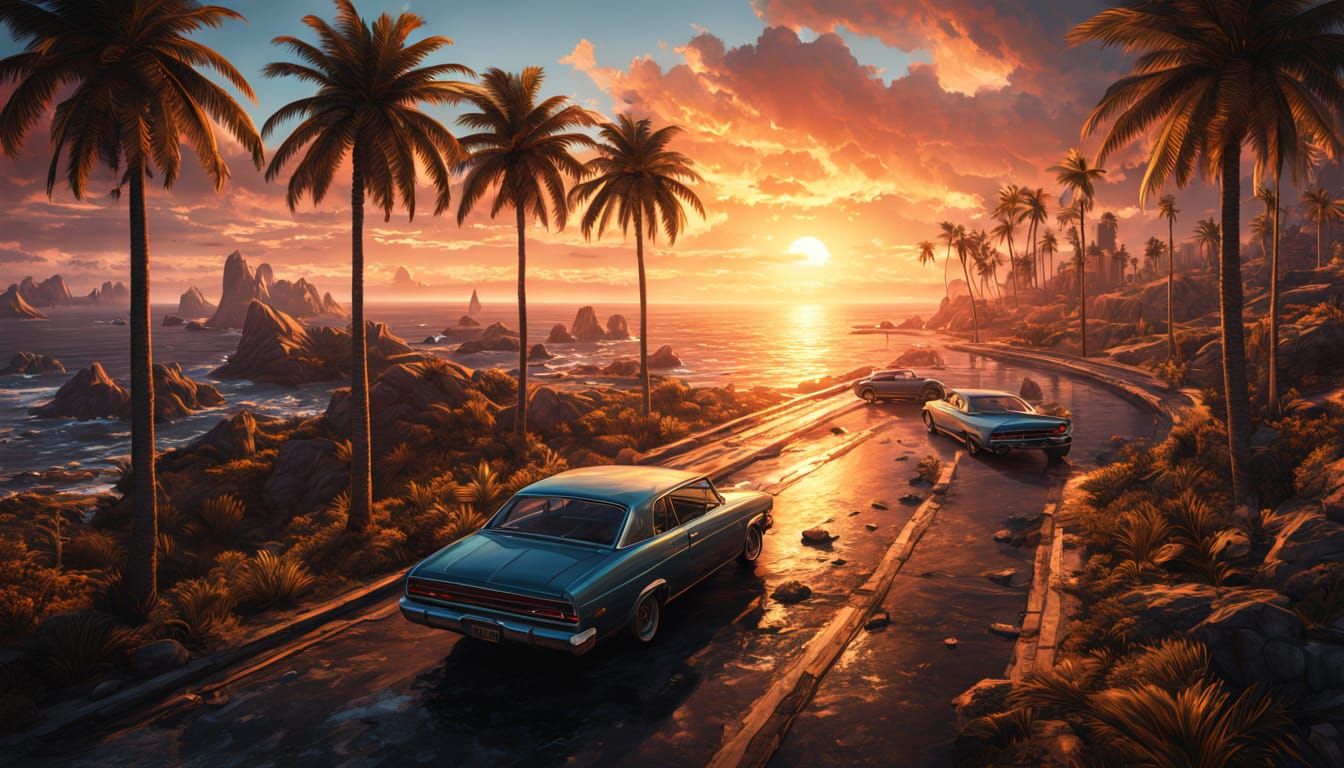 Coastal Highway with Retro Cars in Hyperrealistic Digital Ar...
