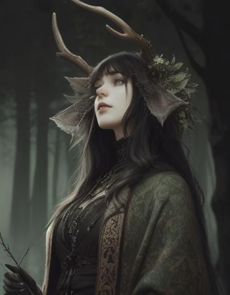 Vibrant Sprite with Stag Antlers in Detailed Woods