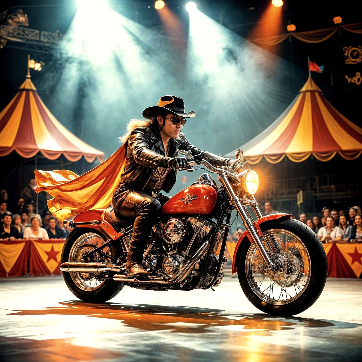 Biker Showman Performing Motorcycle Stunts on Stage